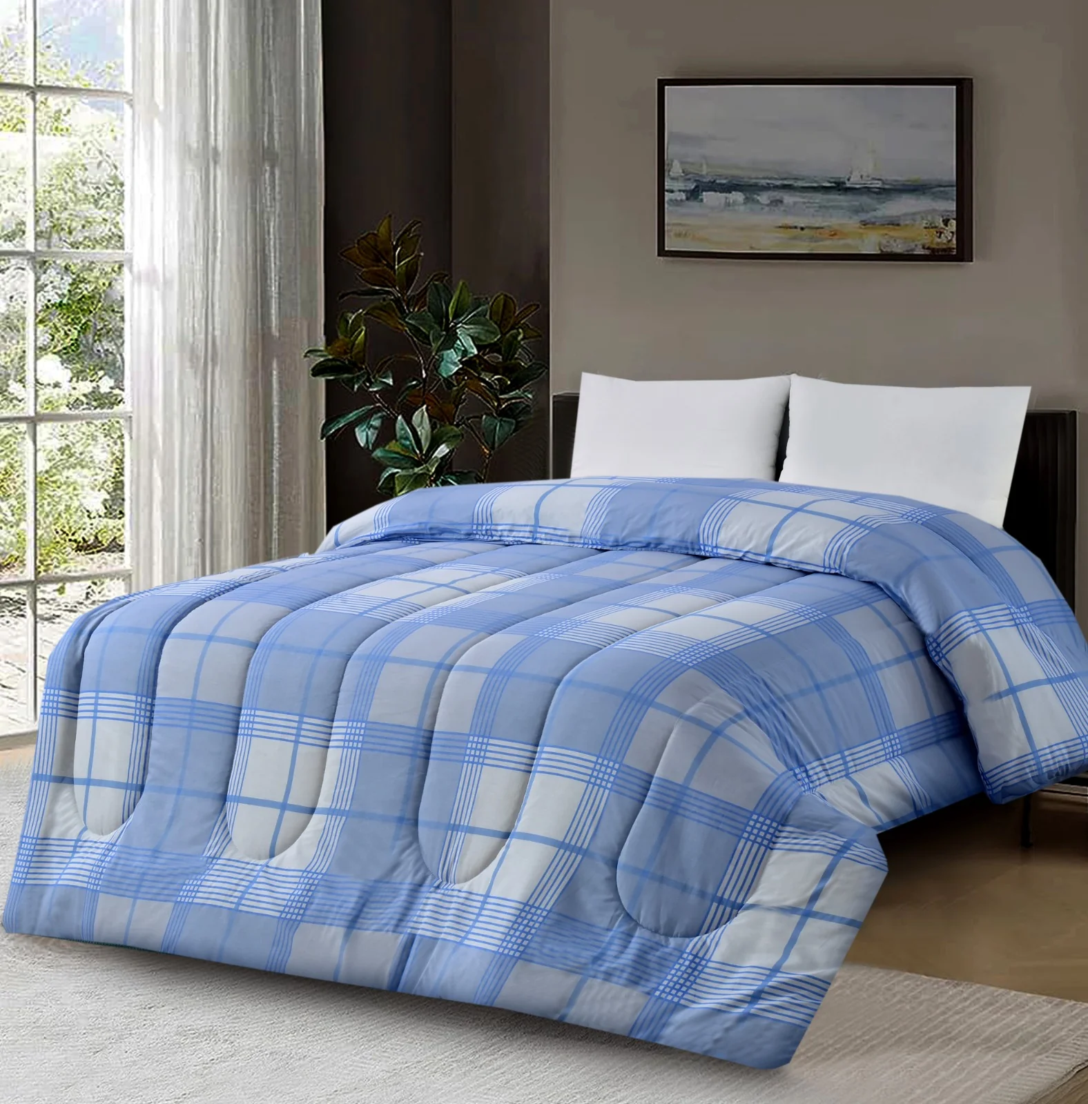 1 PC Double Winter Razai-Sky Blue Check - Image 3