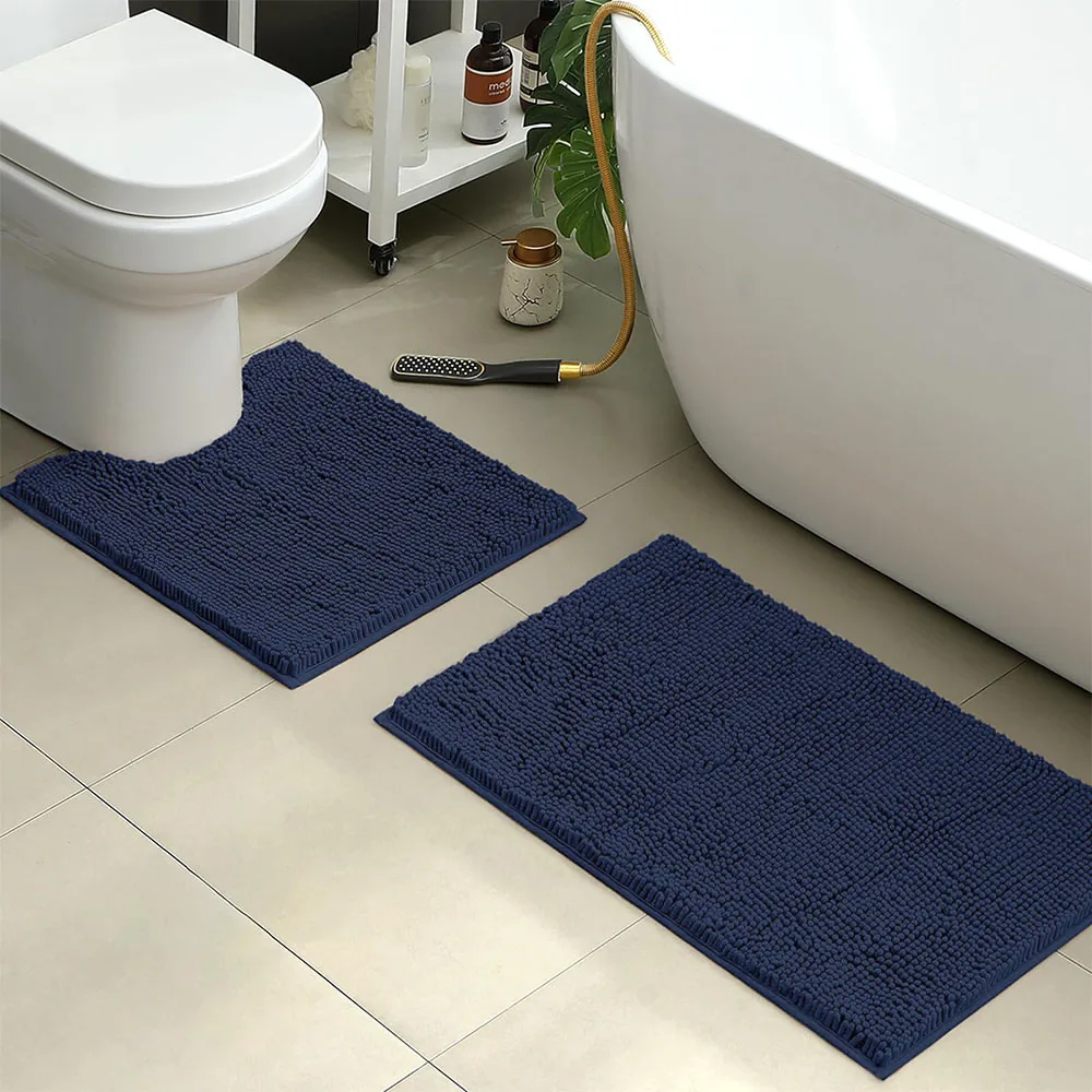 2 PCs Microfiber Anti Slip Commode Mat Set-Navy blue