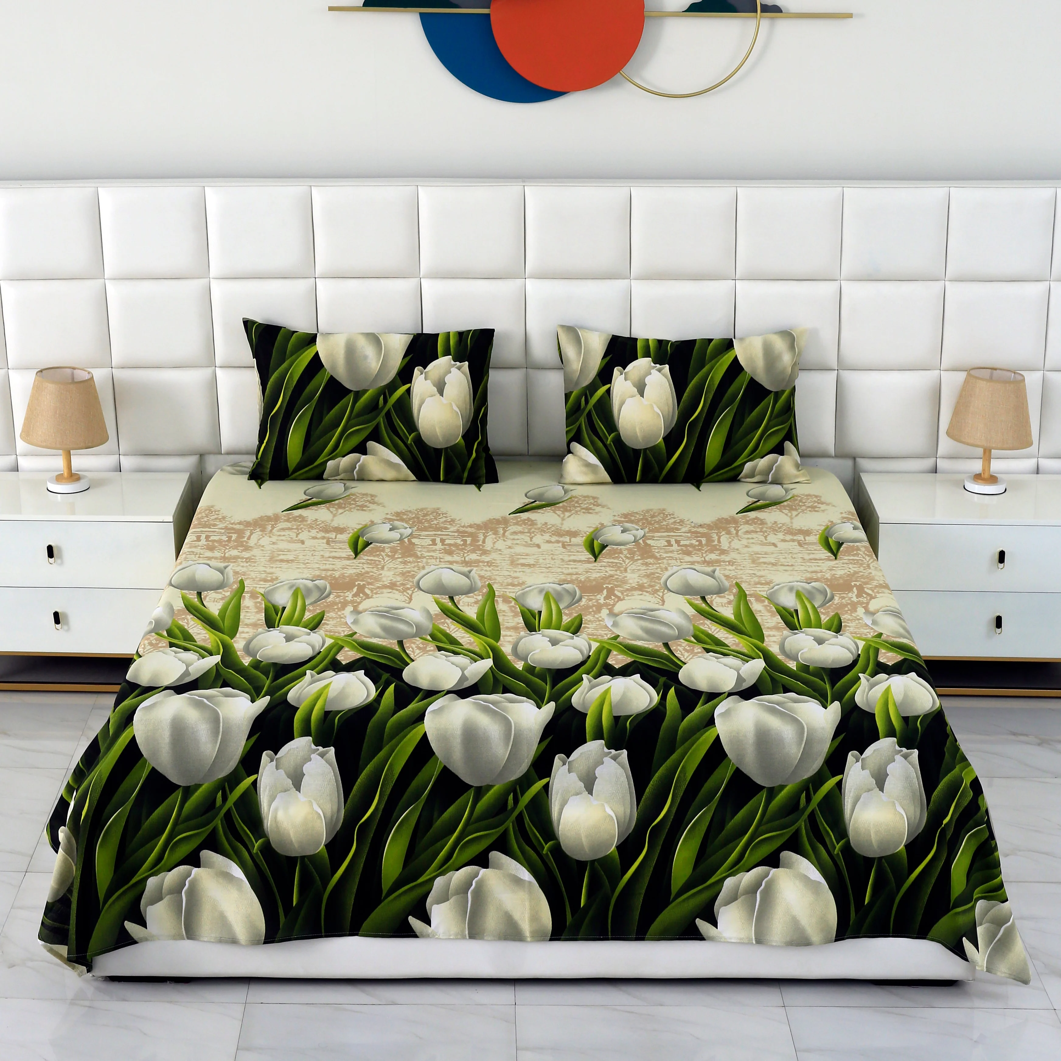 3 PCs Double Bed Sheet-tulip green