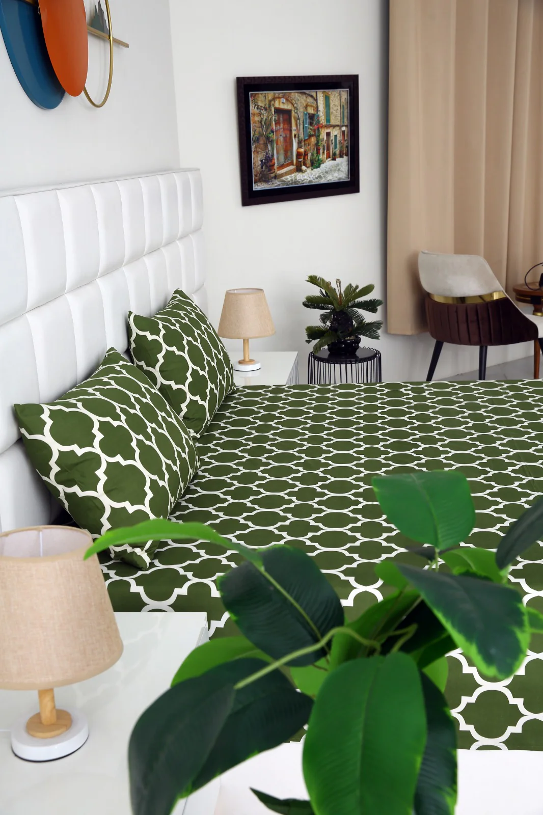 3 PCs Bed Sheet-Olive Geometric - Image 2