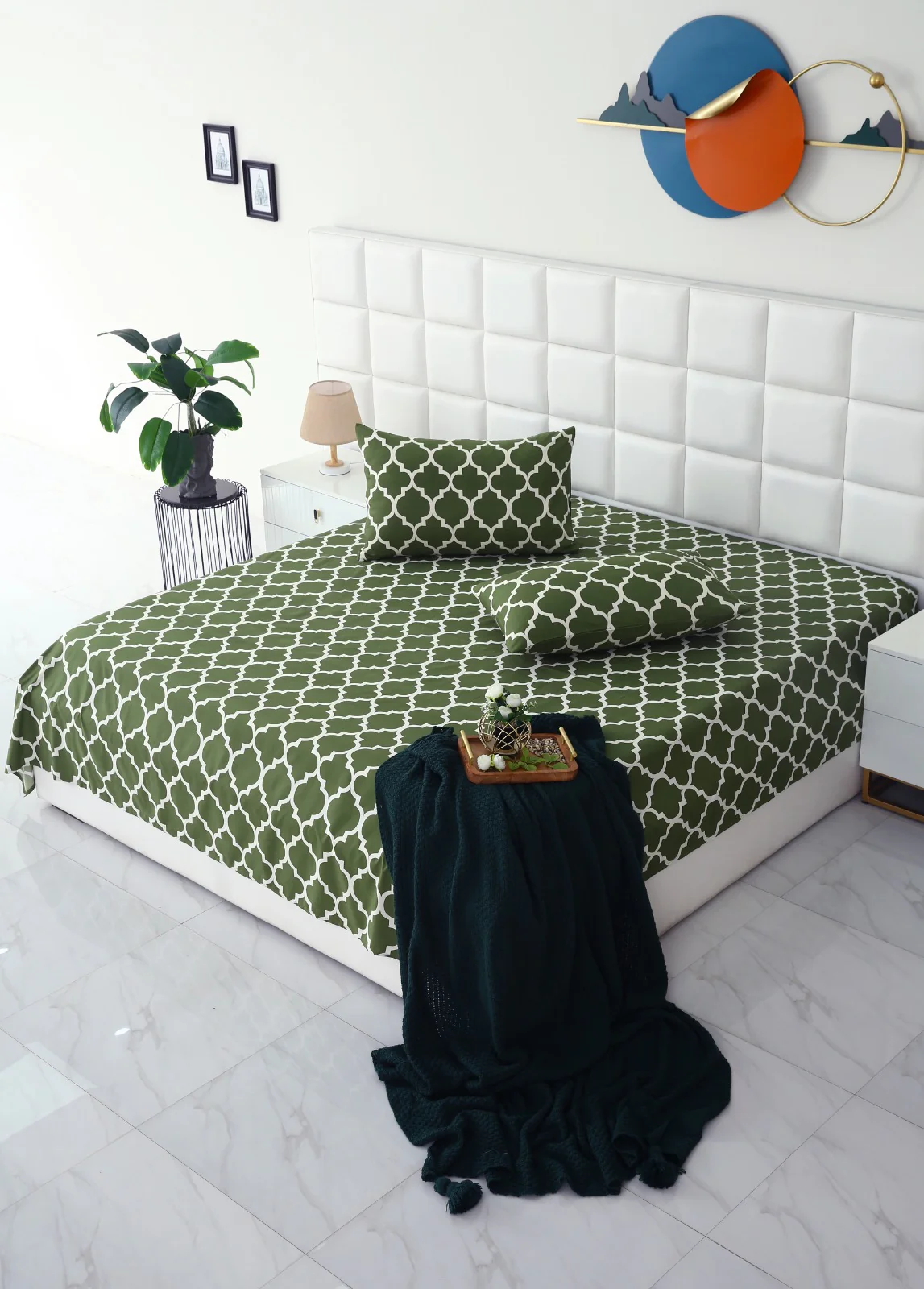 3 PCs Bed Sheet-Olive Geometric - Image 5