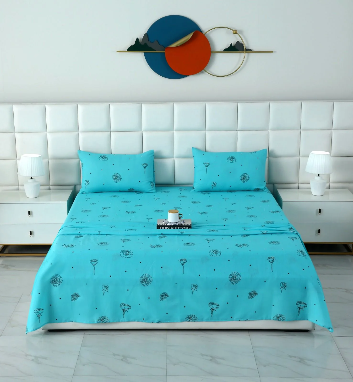 3 PCs Double Bed Sheet-Aqua Abstract Flower - Image 2