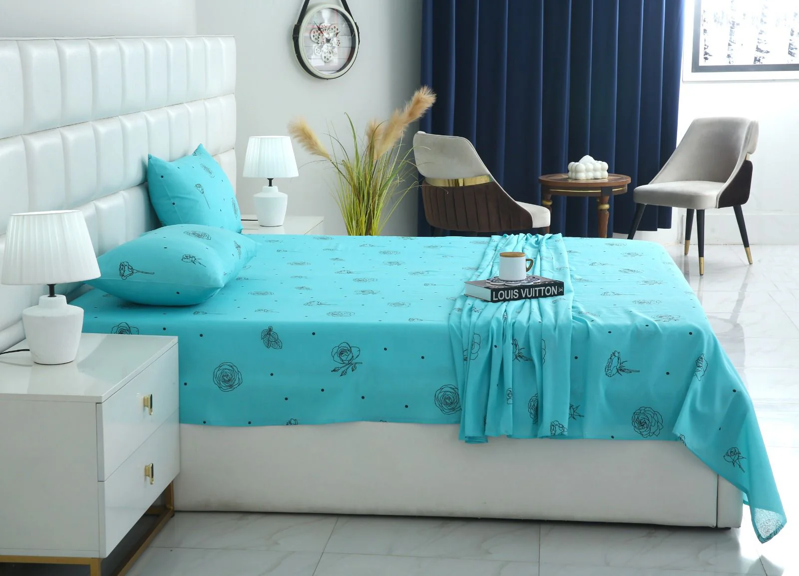 3 PCs Double Bed Sheet-Aqua Abstract Flower - Image 3