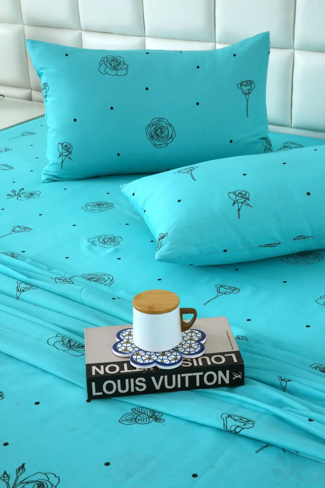 3 PCs Double Bed Sheet-Aqua Abstract Flower - Image 5