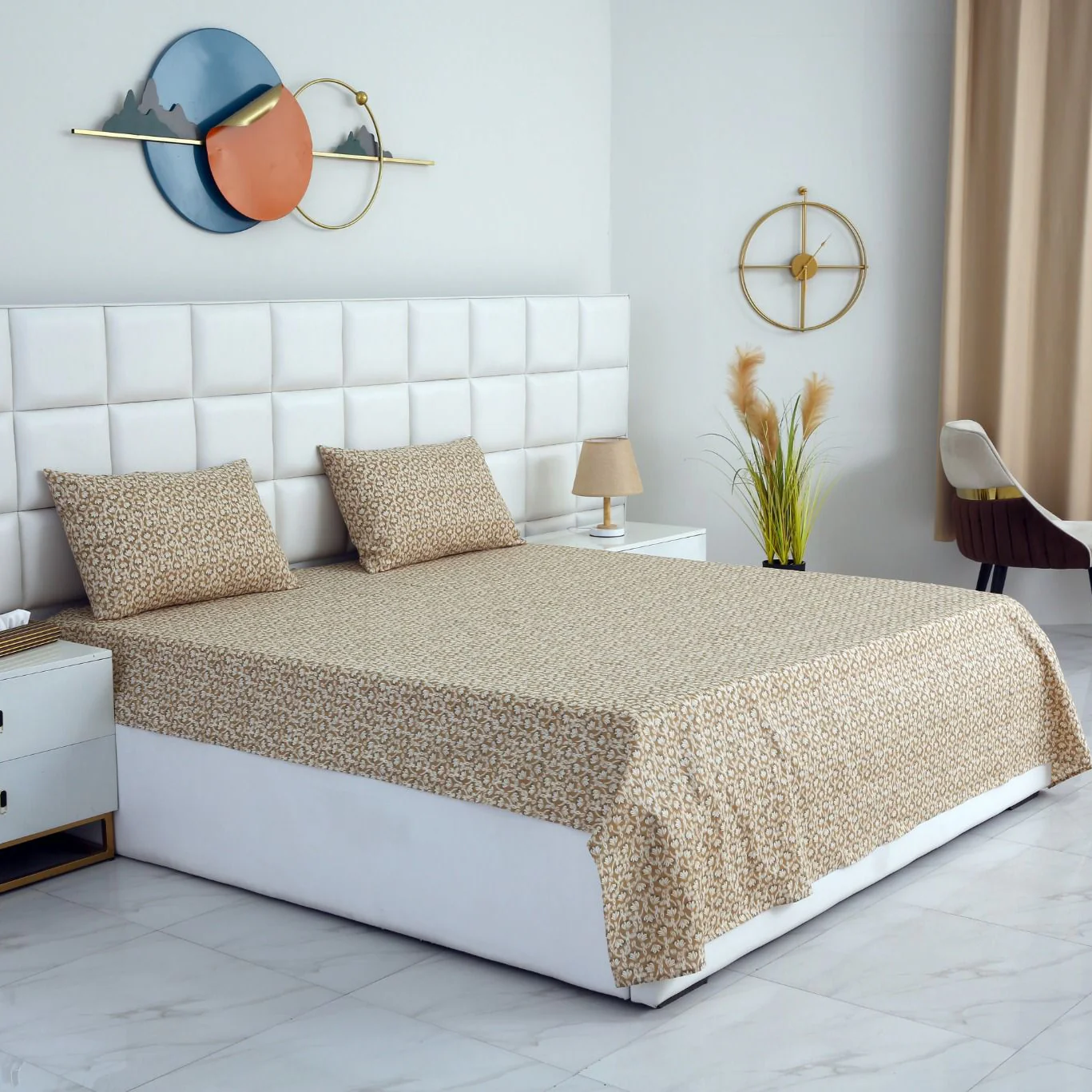 3 PCs Double Bed Sheet-Ecru Flowers