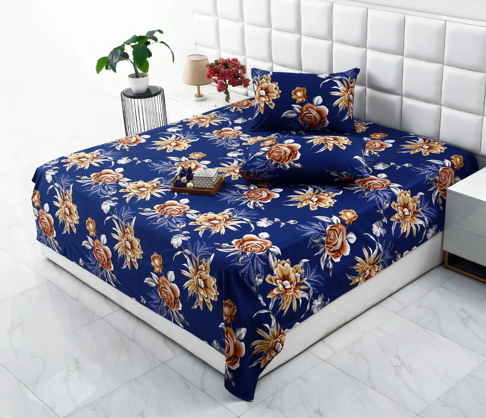 3 PCs Double Bed Sheet-Ethnic Flowers - Image 2