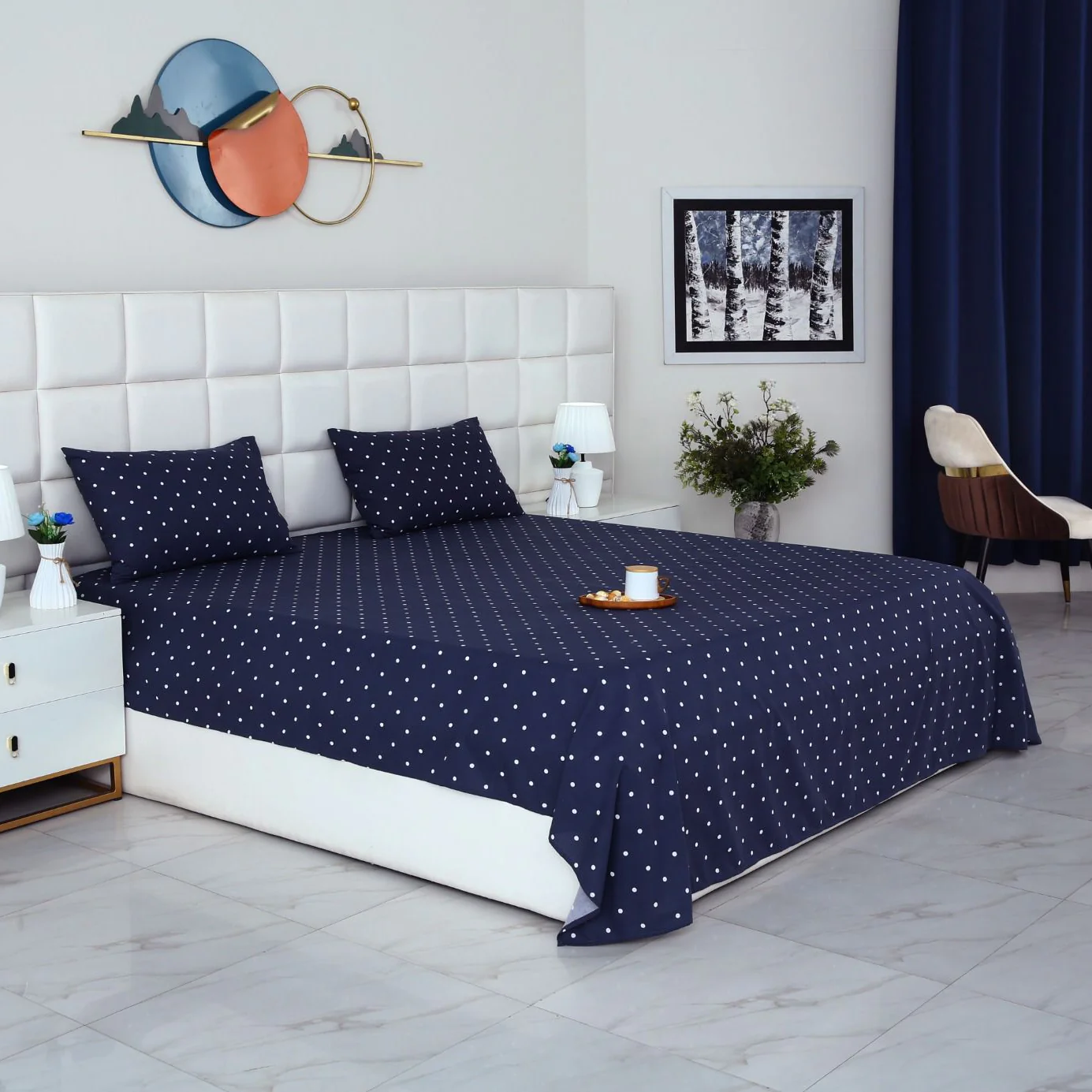 3 PCs Double Bed Sheet With Same Packing-Blue Polka