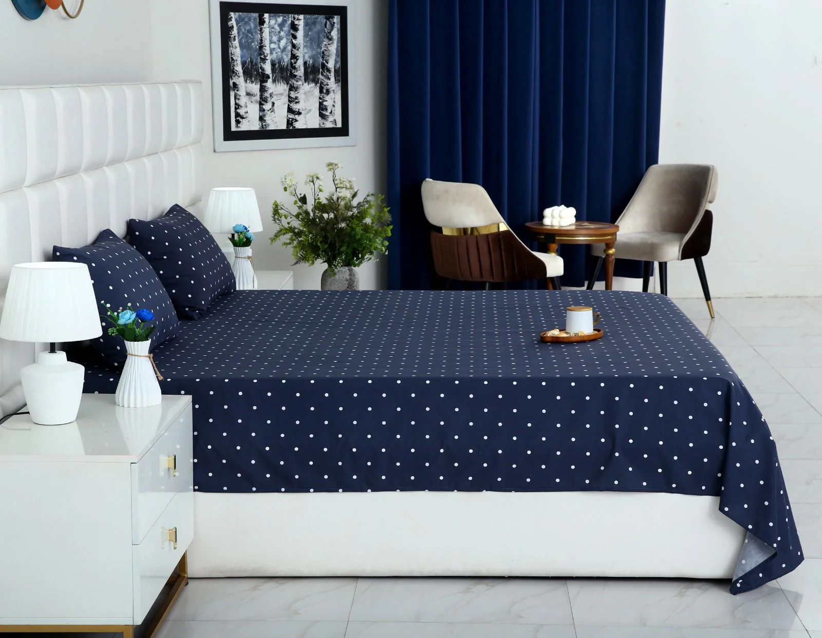 3 PCs Double Bed Sheet With Same Packing-Blue Polka - Image 4