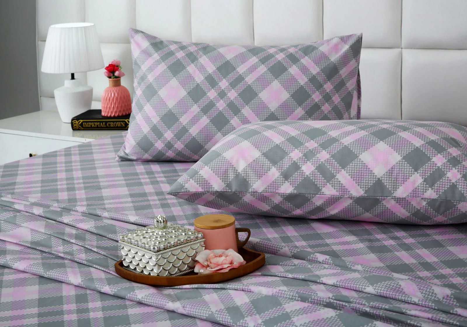 3 PCs Double Bed Sheet With Same Packing-Lilac Check - Image 7