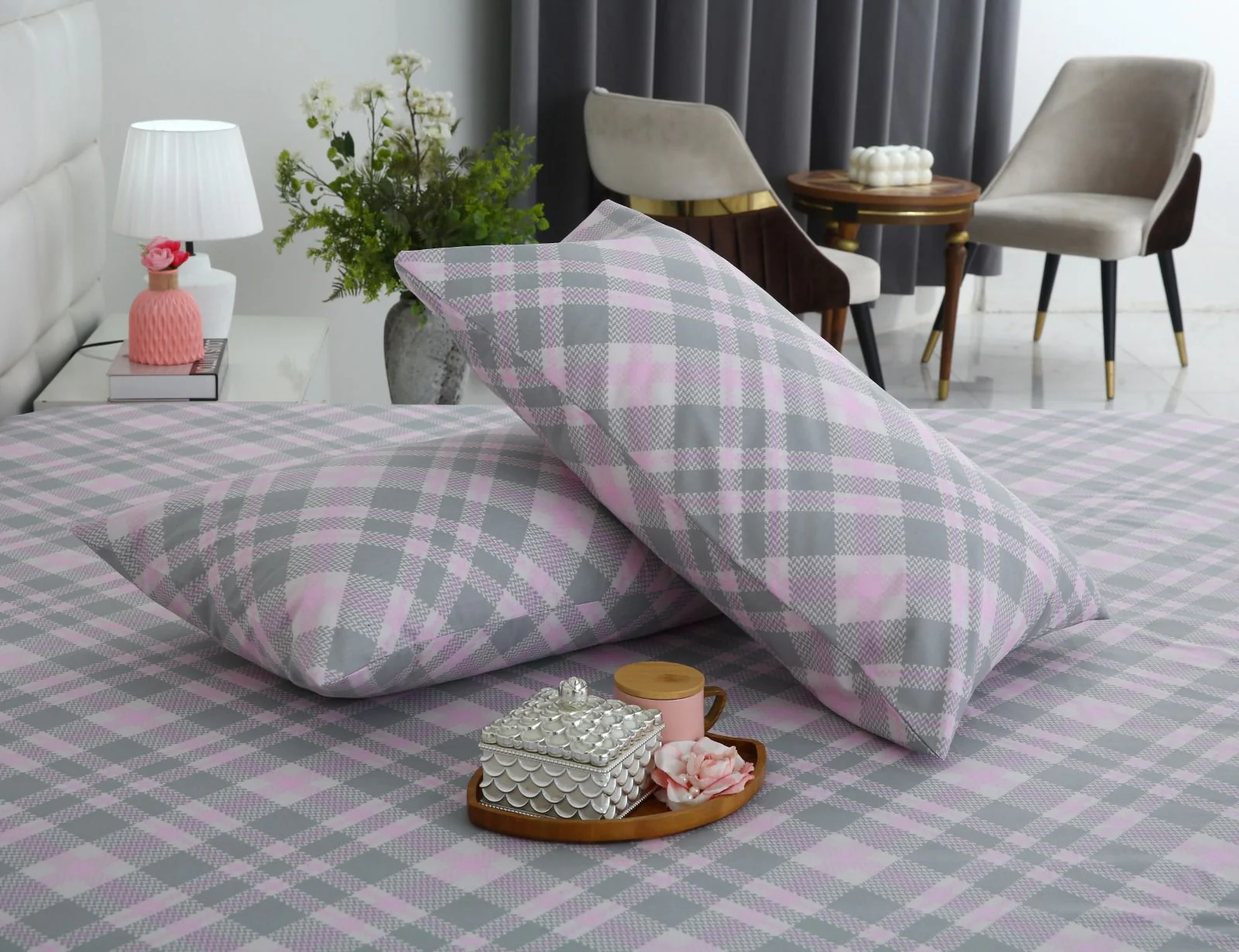 3 PCs Double Bed Sheet With Same Packing-Lilac Check - Image 9