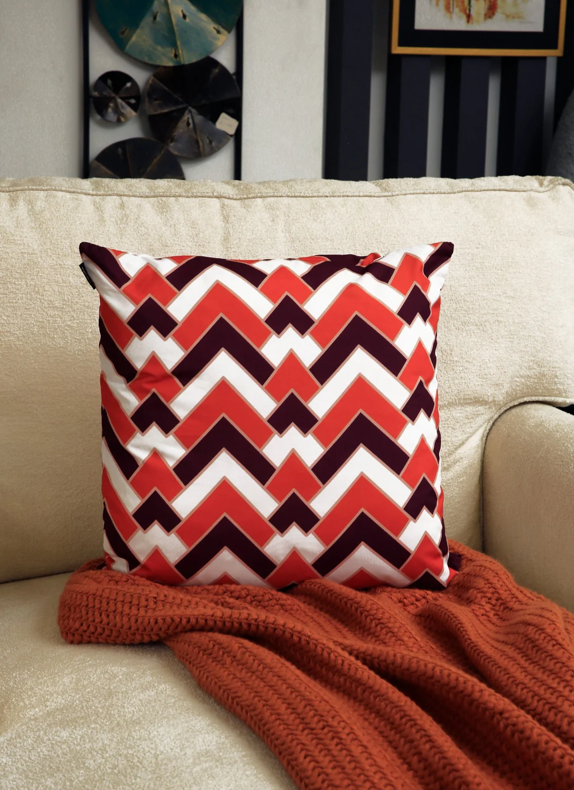 4 PCs Digital Printed Cotton Cushions-Orange Geometric - Image 3