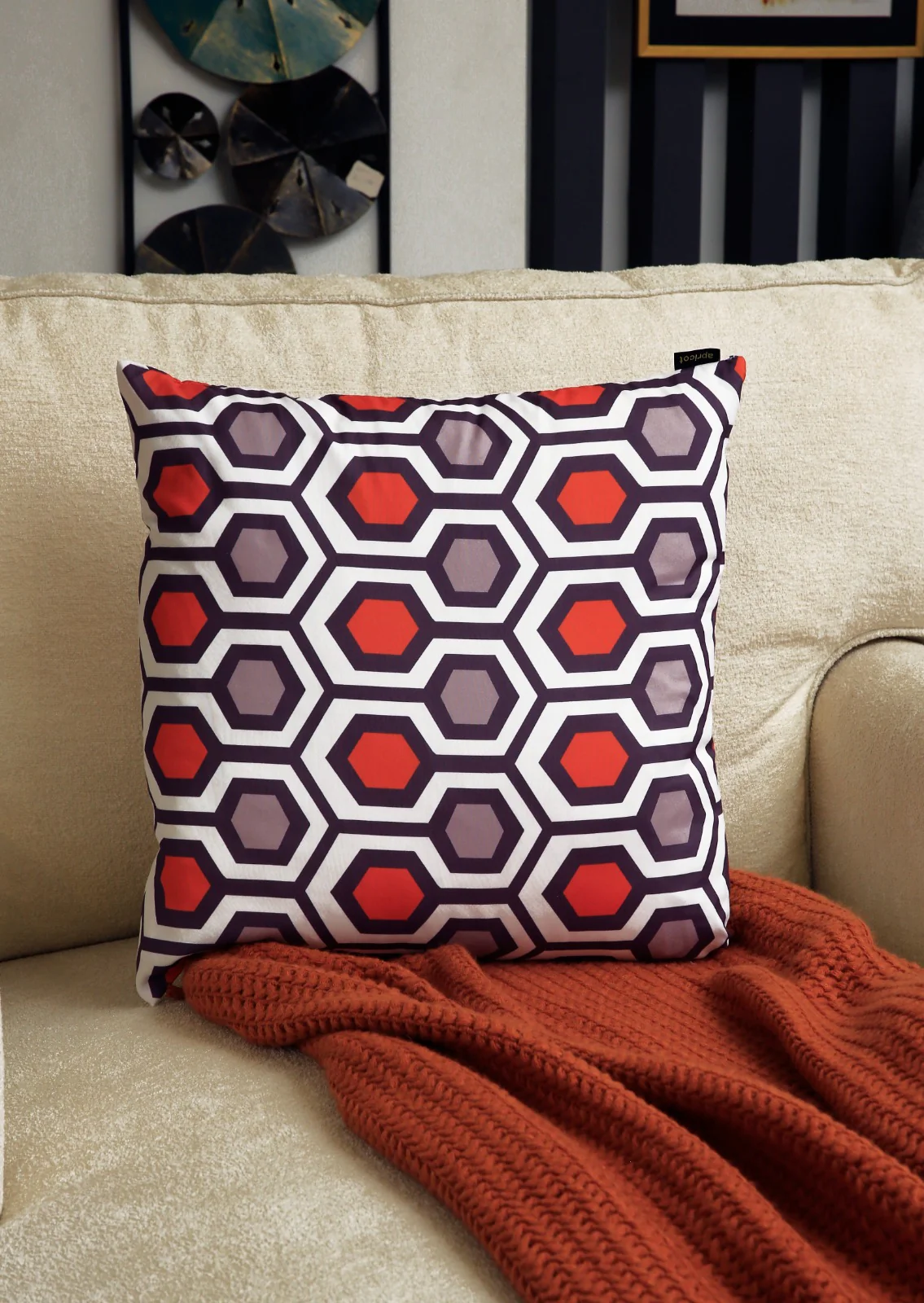 4 PCs Digital Printed Cotton Cushions-Orange Geometric - Image 4
