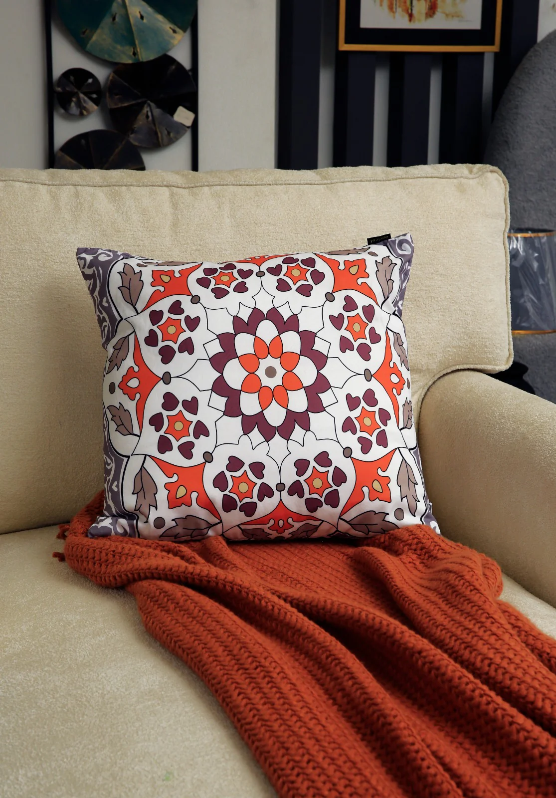 4 PCs Digital Printed Cotton Cushions-Orange Geometric - Image 6