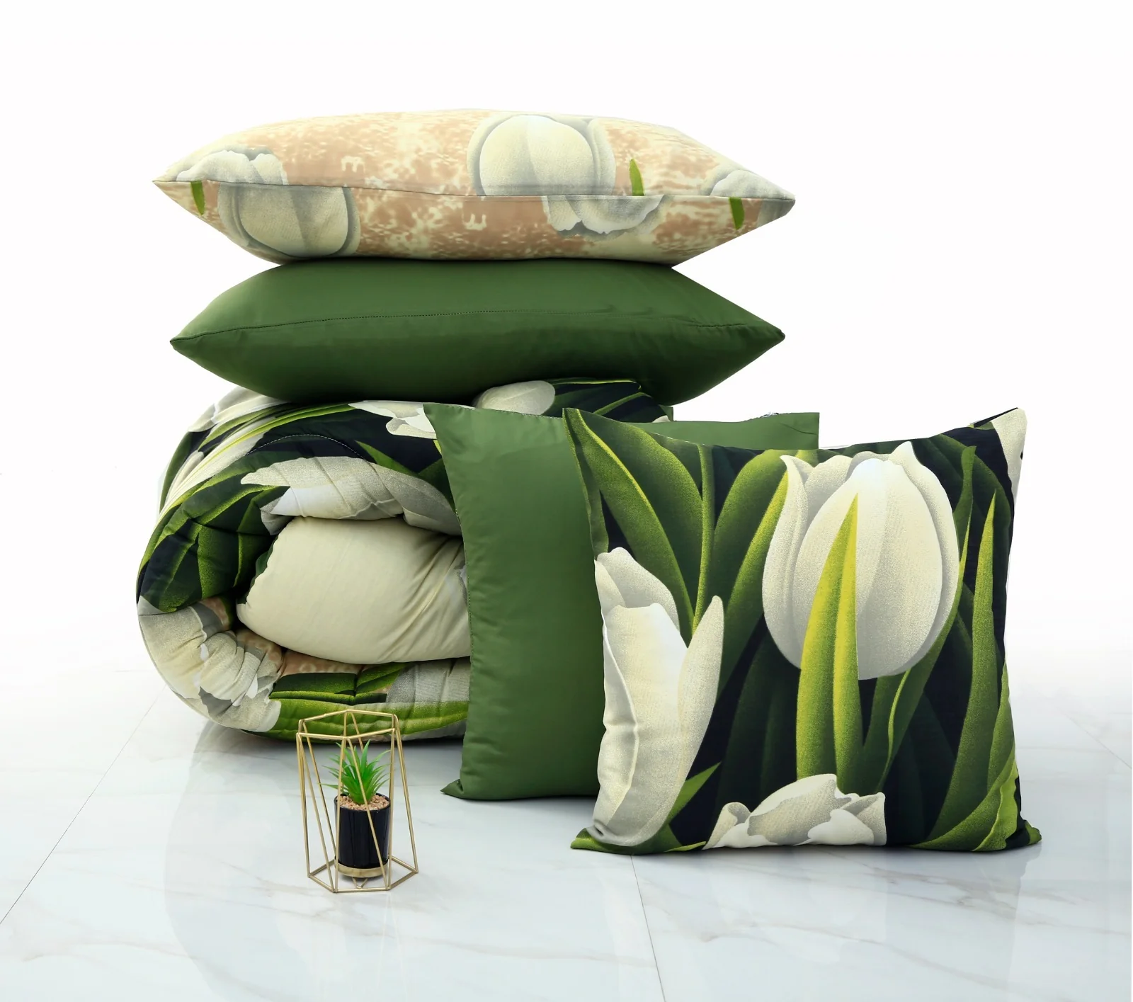5 PCs Single Razai Set-Green Tulip - Image 2