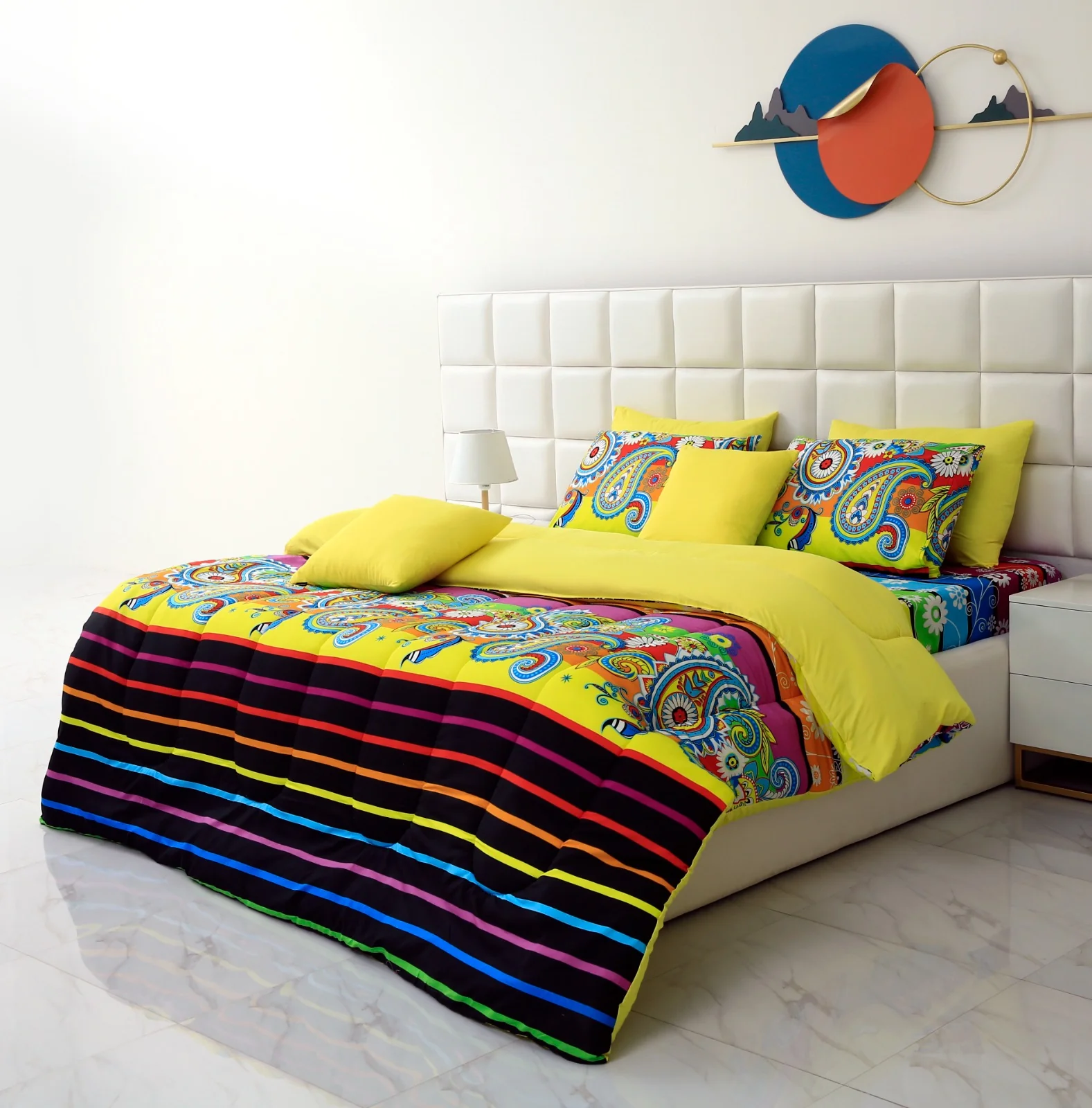 5 PCs Single Comforter Set-Multi Flower (Yellow Reverse) - Image 9