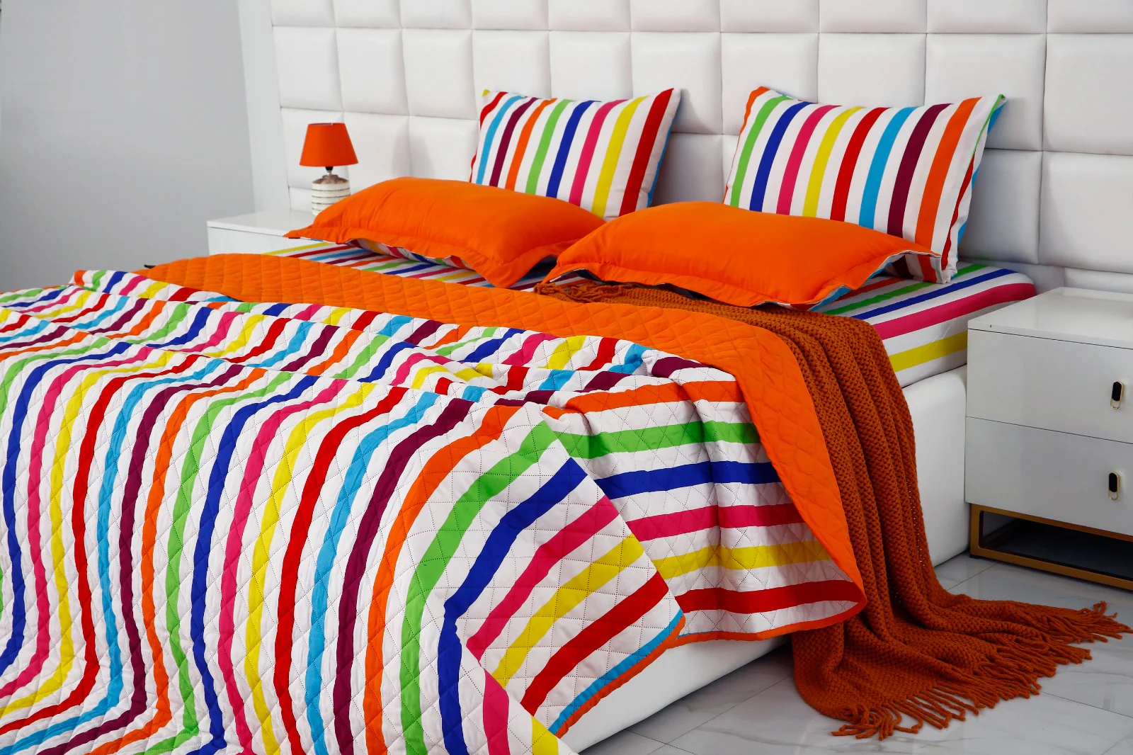 6 PCs Bed Spread Set-Multi Stripe(Orange) - Image 5