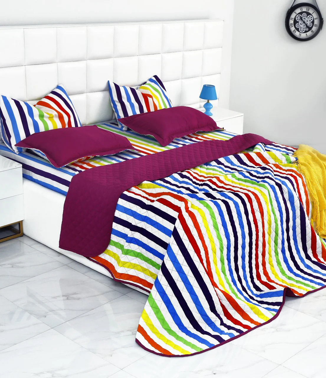 6 PCs Bed Spread Set-Multi Stripe(Plum) - Image 9