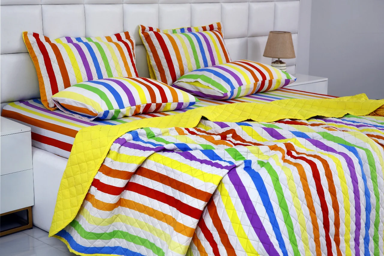 6 PCs Bed Spread Set-Multi Stripe(Yellow) - Image 12
