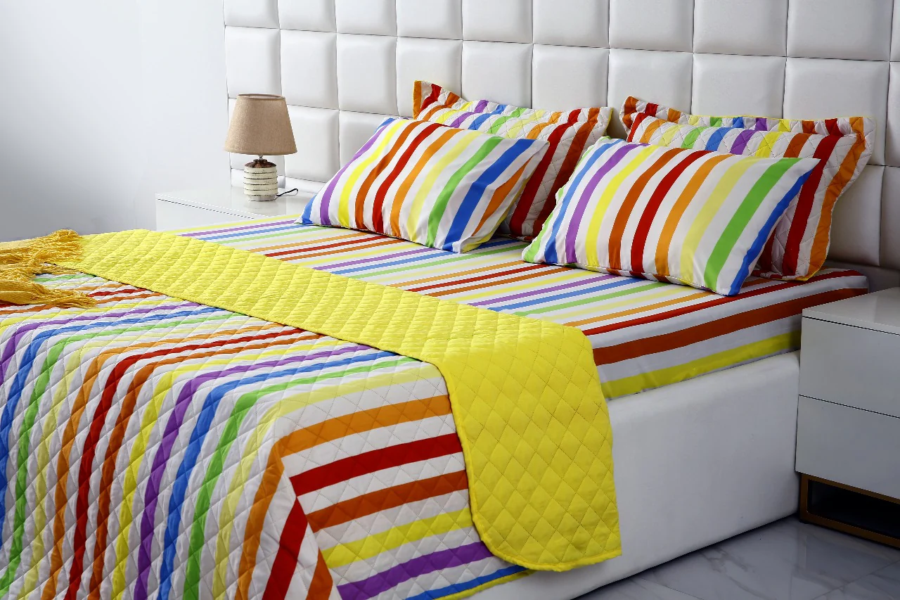 6 PCs Bed Spread Set-Multi Stripe(Yellow) - Image 9