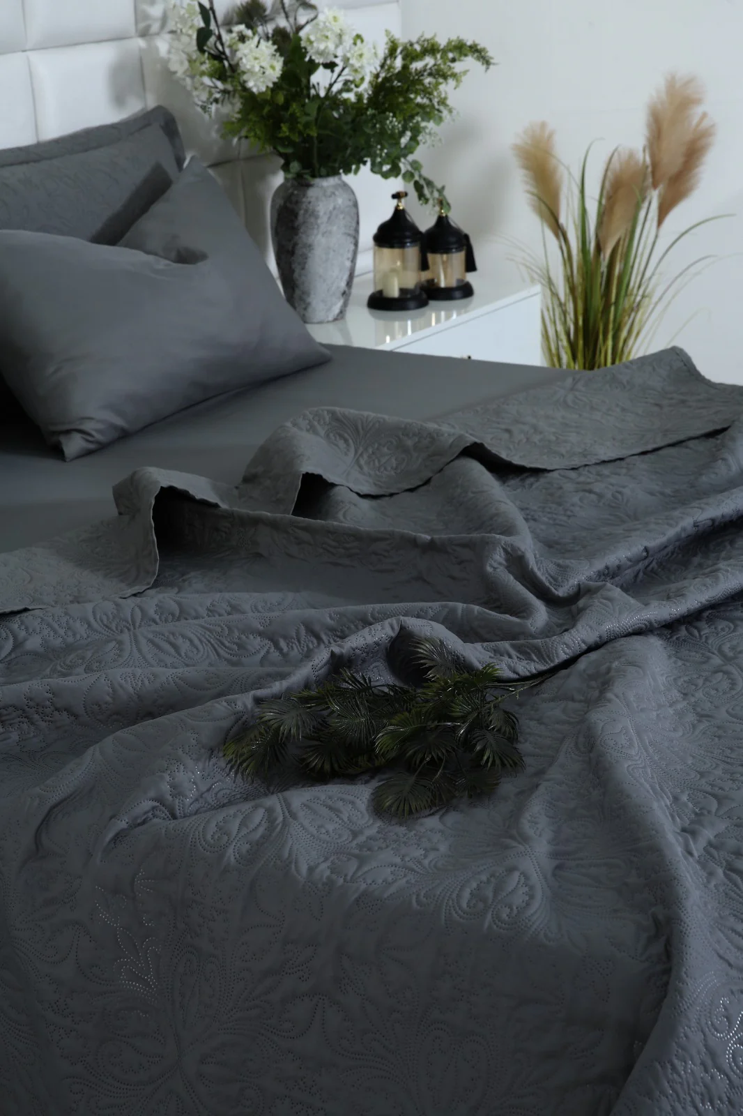 6 PCs Luxury Bed Spread Set-Grey - Image 13