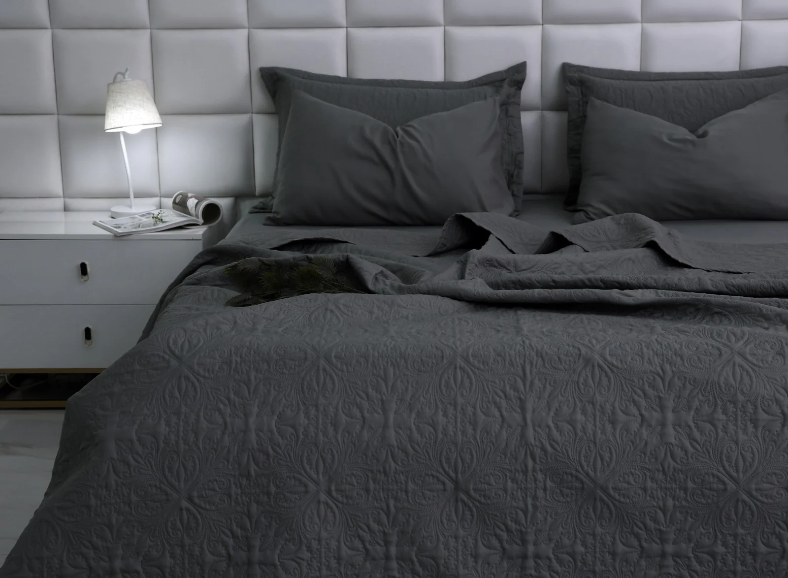 6 PCs Luxury Bed Spread Set-Grey - Image 15