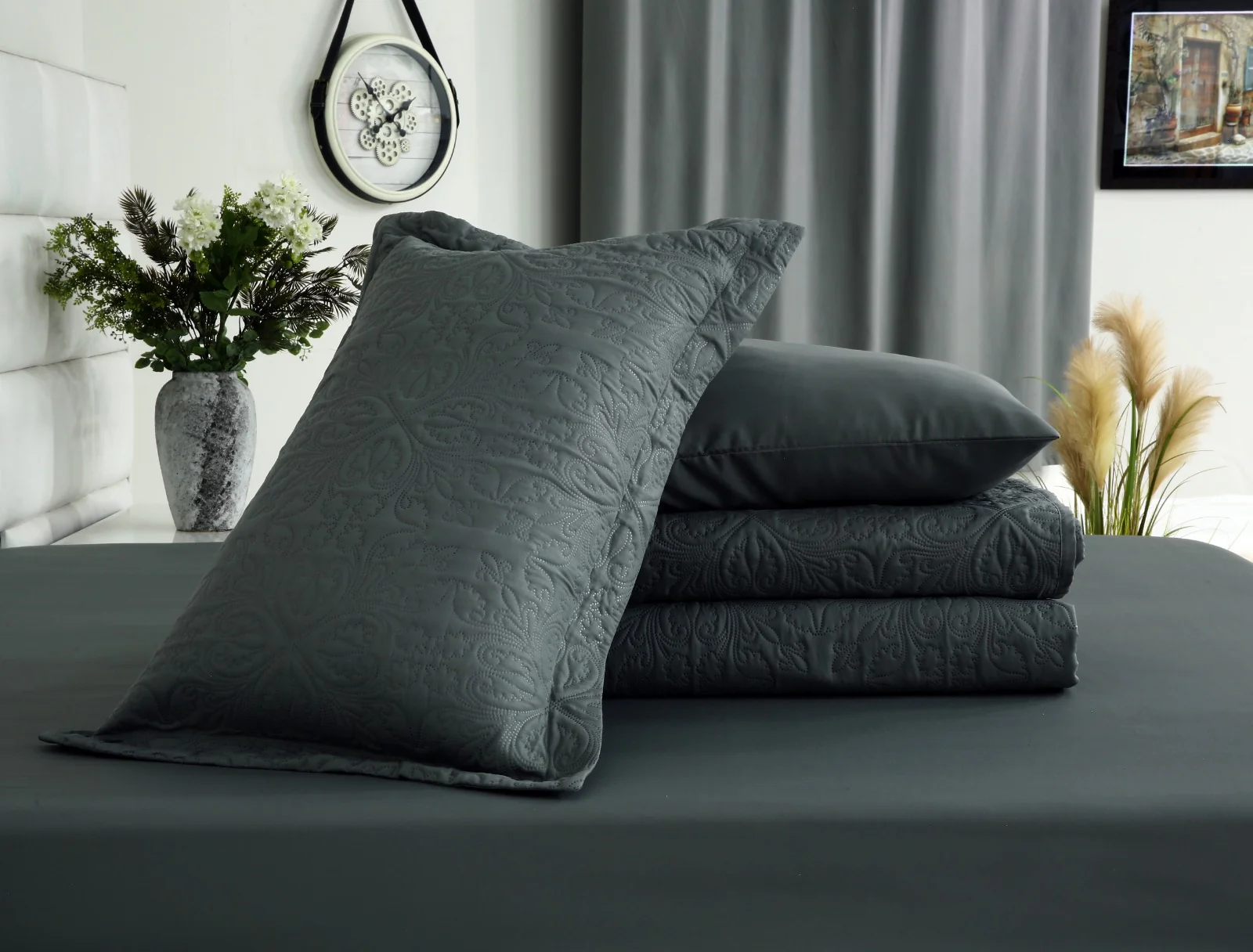 6 PCs Luxury Bed Spread Set-Grey - Image 19