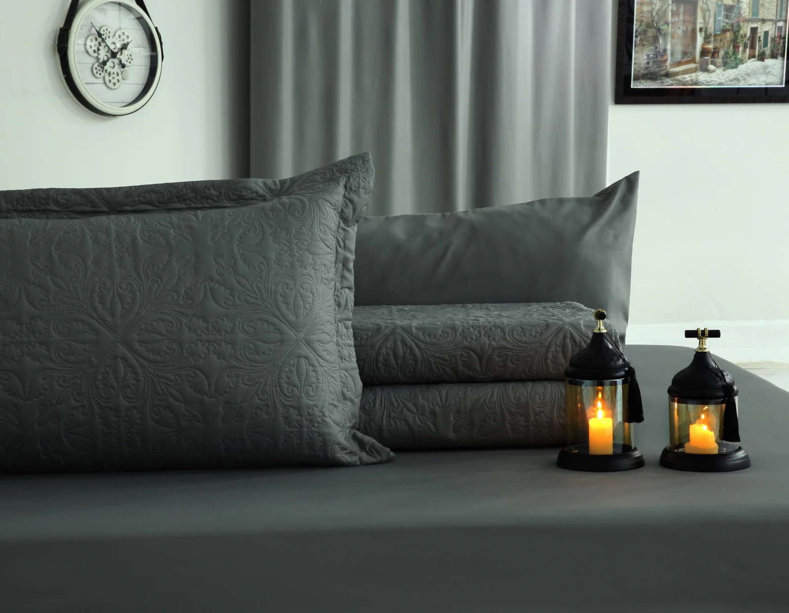 6 PCs Luxury Bed Spread Set-Grey - Image 20