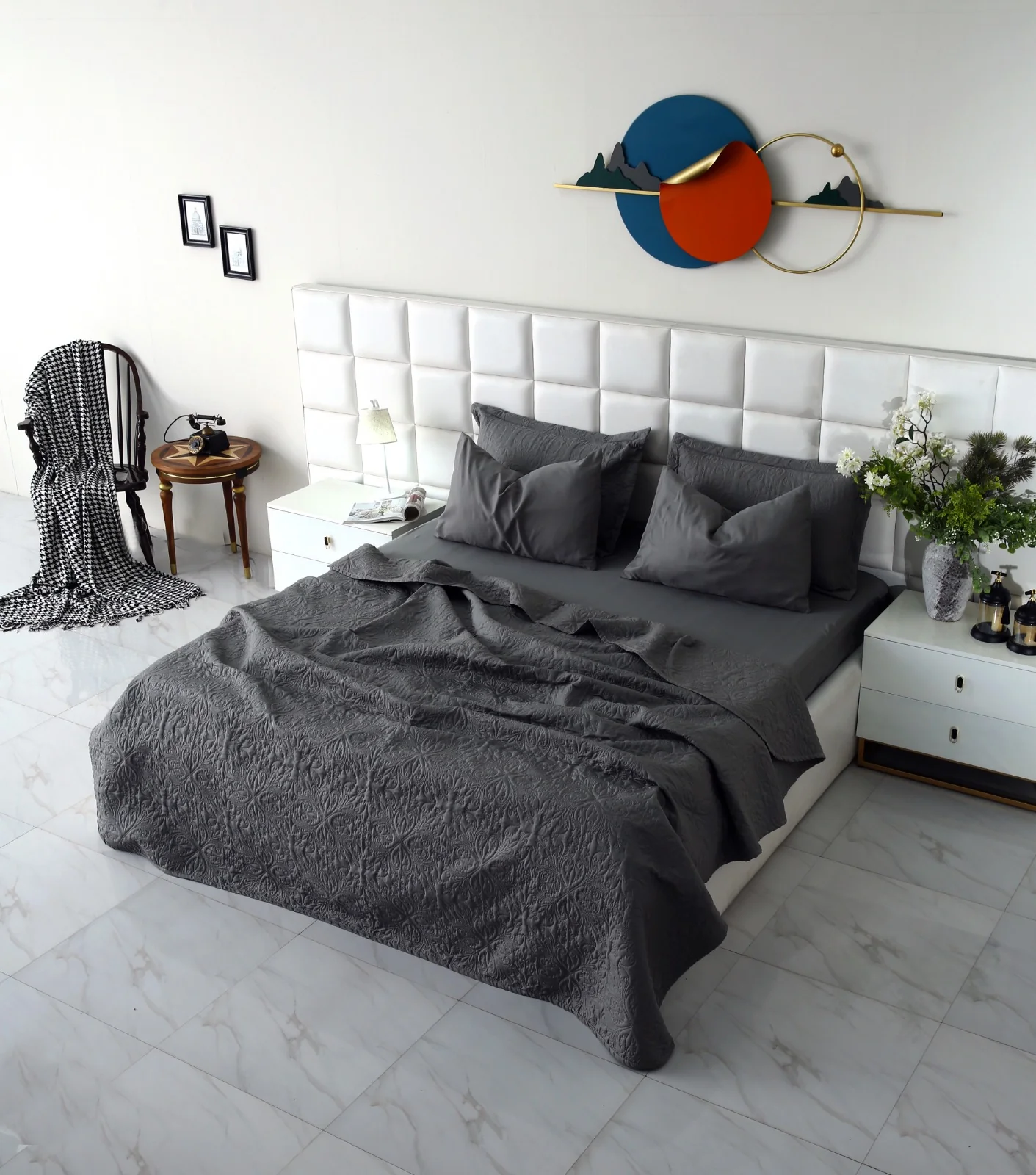 6 PCs Luxury Bed Spread Set-Grey - Image 4