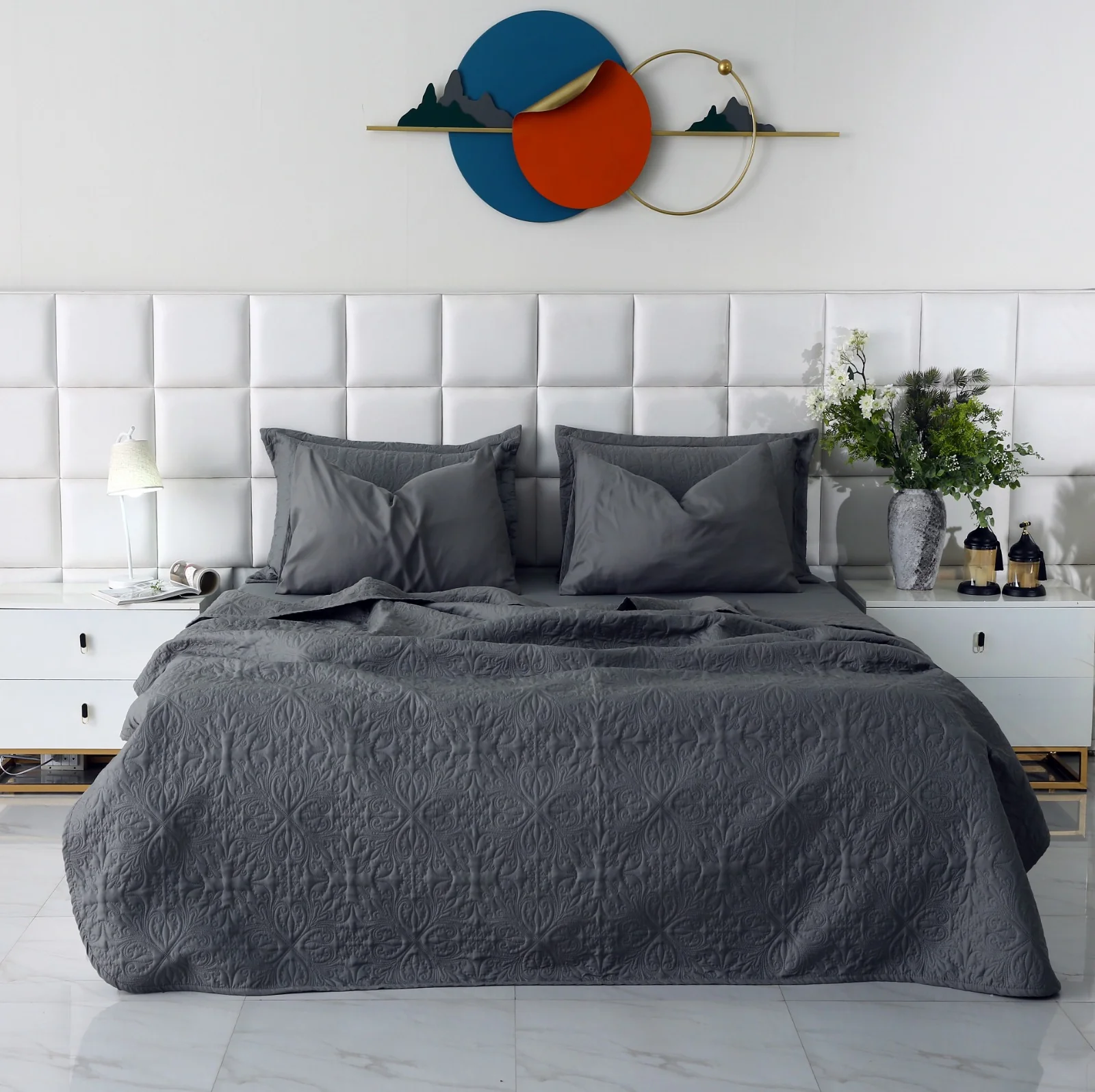 6 PCs Luxury Bed Spread Set-Grey - Image 5