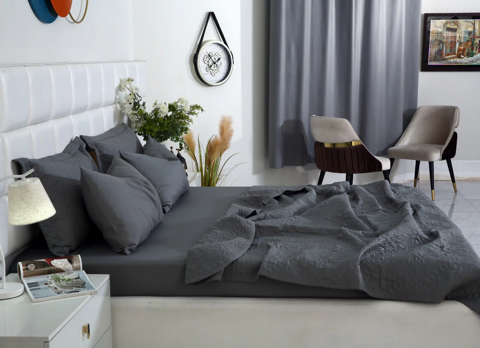 6 PCs Luxury Bed Spread Set-Grey - Image 6