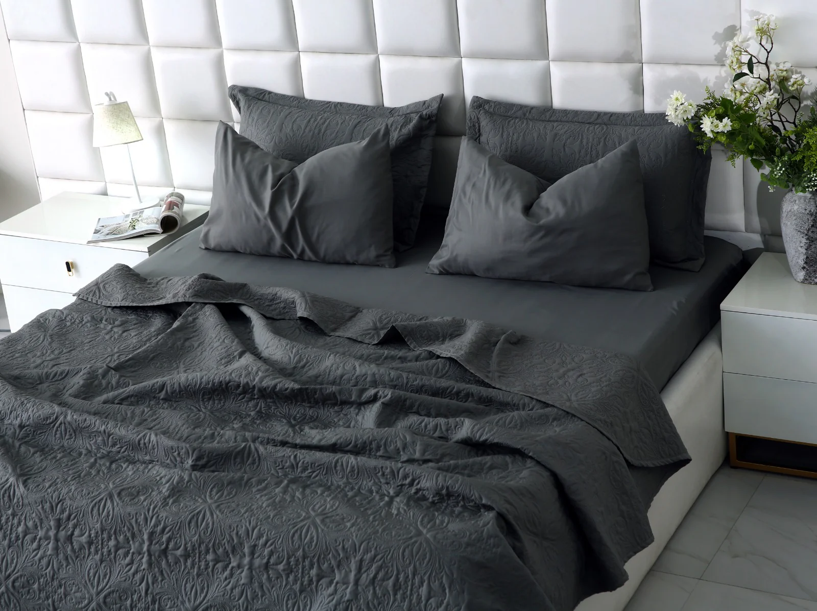 6 PCs Luxury Bed Spread Set-Grey - Image 9