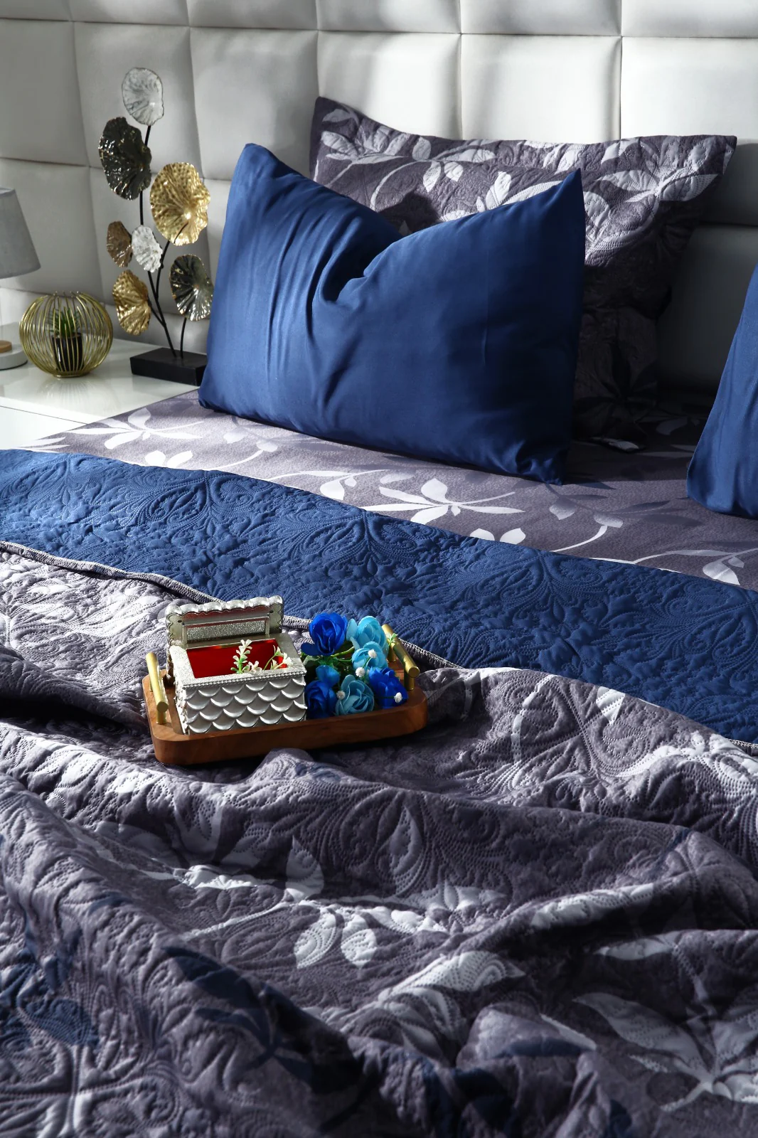 6 PCs Luxury Bed Spread Set-Grey Leaf - Image 2