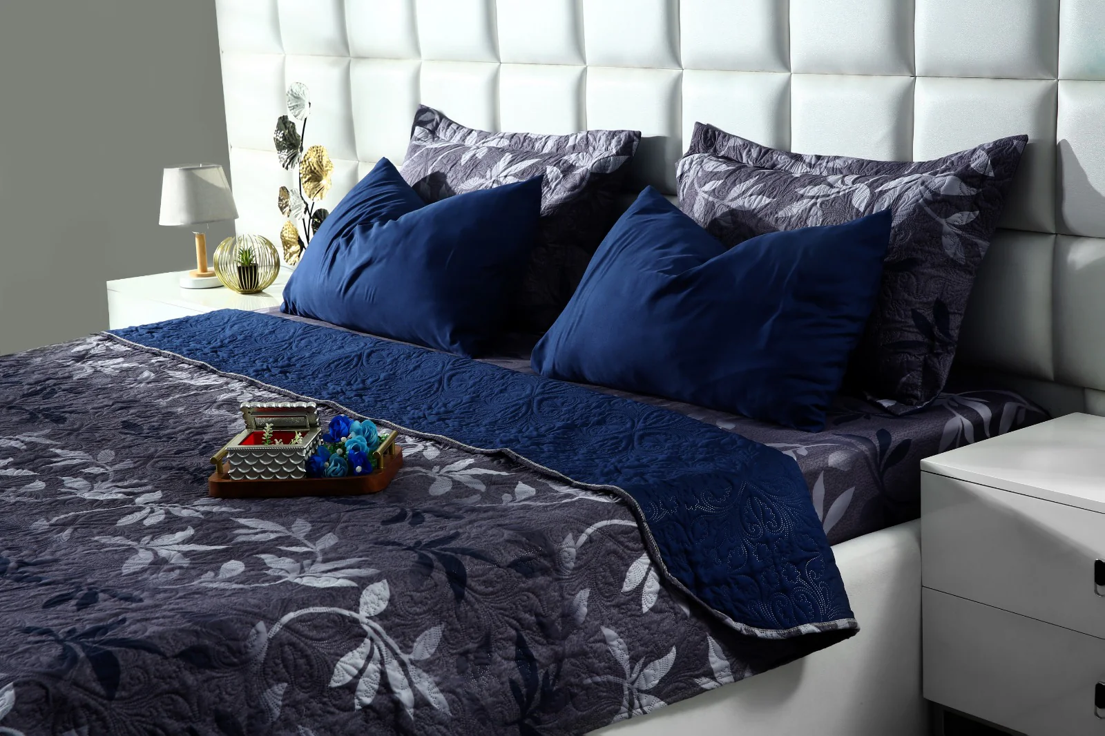 6 PCs Luxury Bed Spread Set-Grey Leaf - Image 3