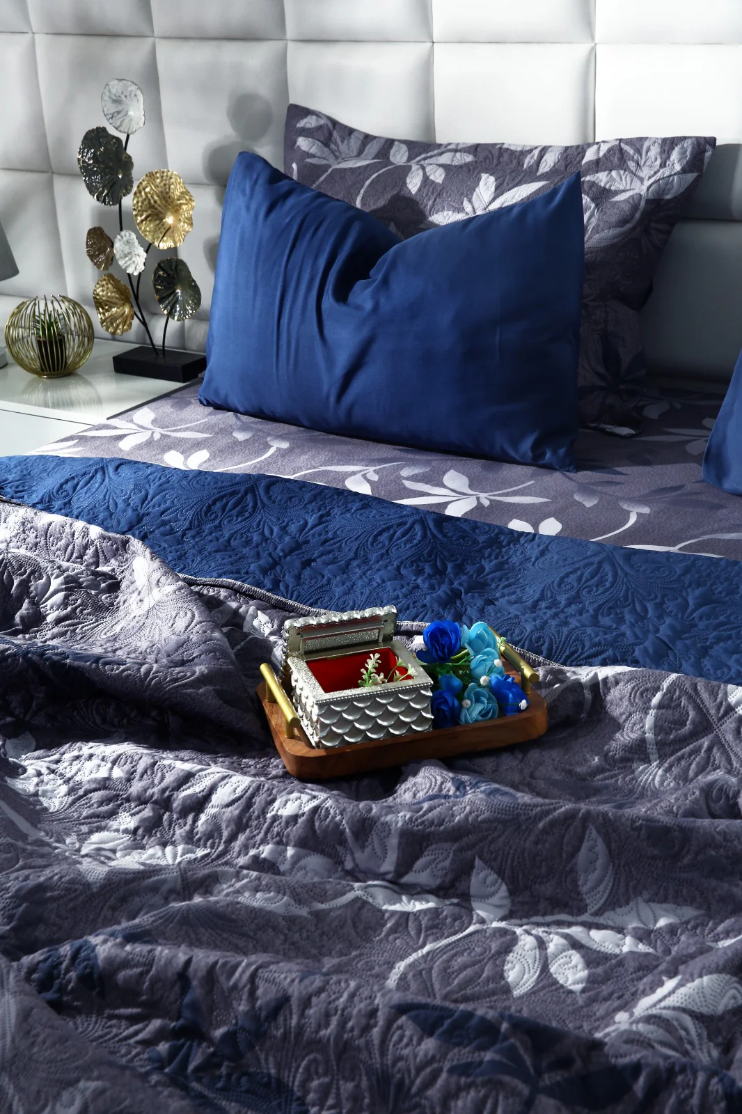 6 PCs Luxury Bed Spread Set-Grey Leaf - Image 4
