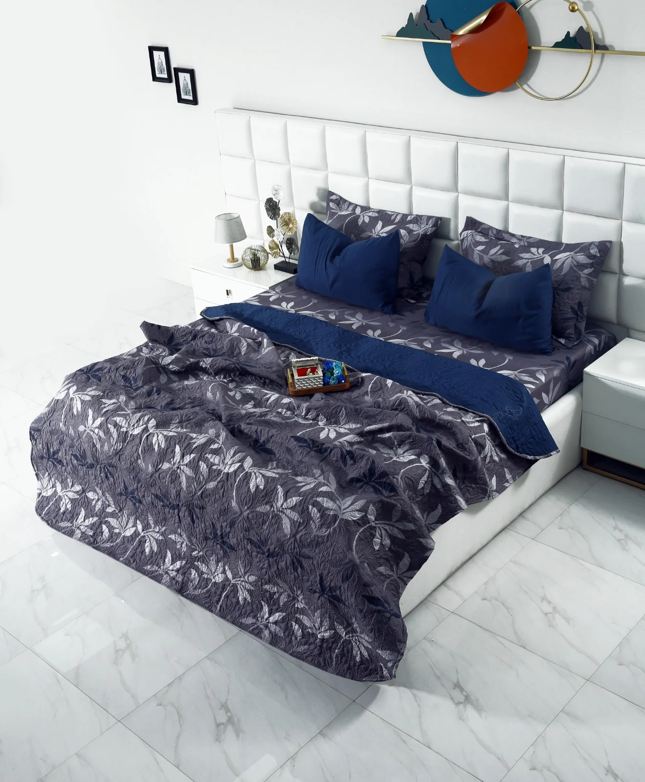 6 PCs Luxury Bed Spread Set-Grey Leaf - Image 5