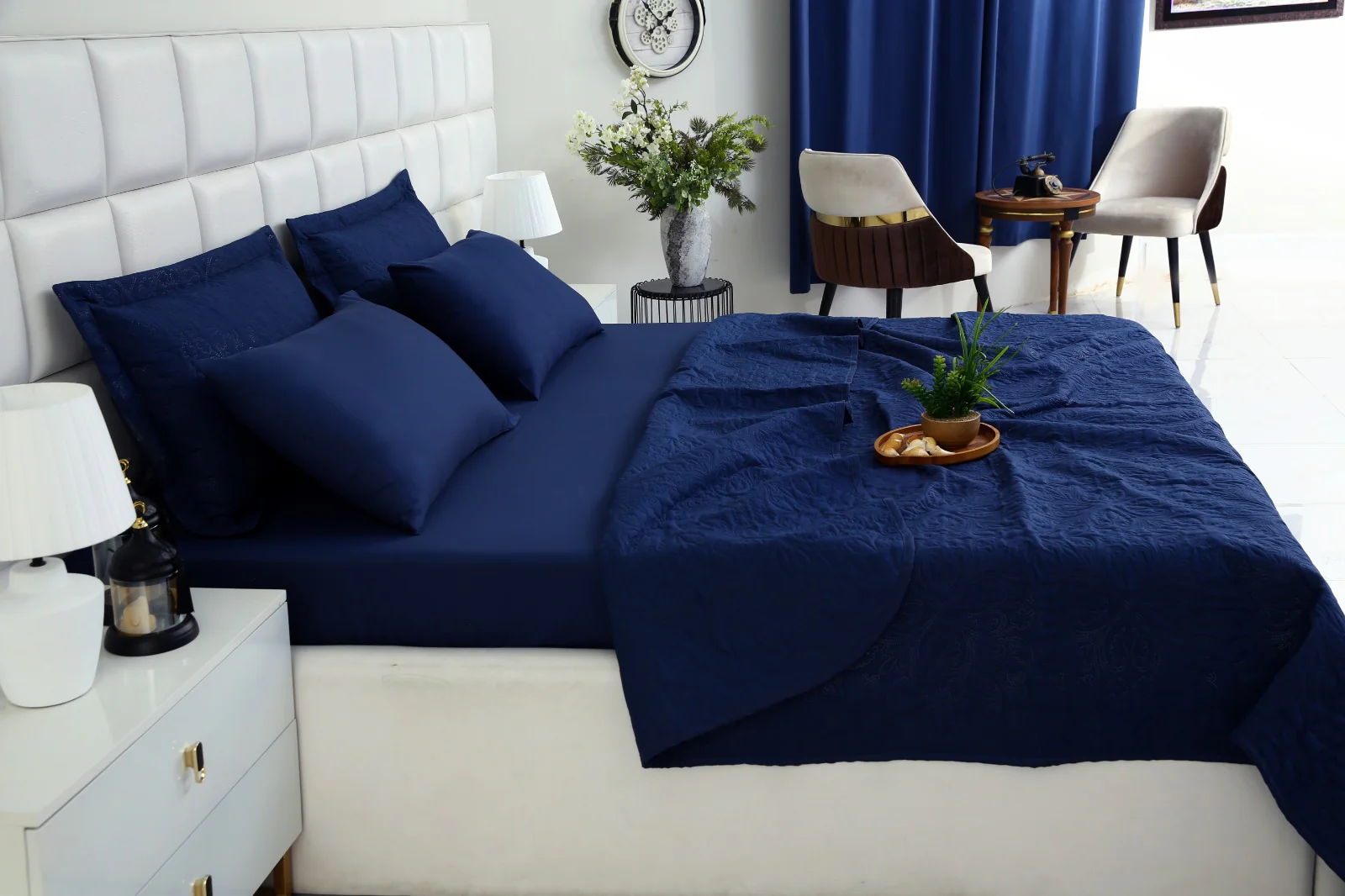 6 PCs Luxury Bed Spread Set-Navy Blue - Image 4
