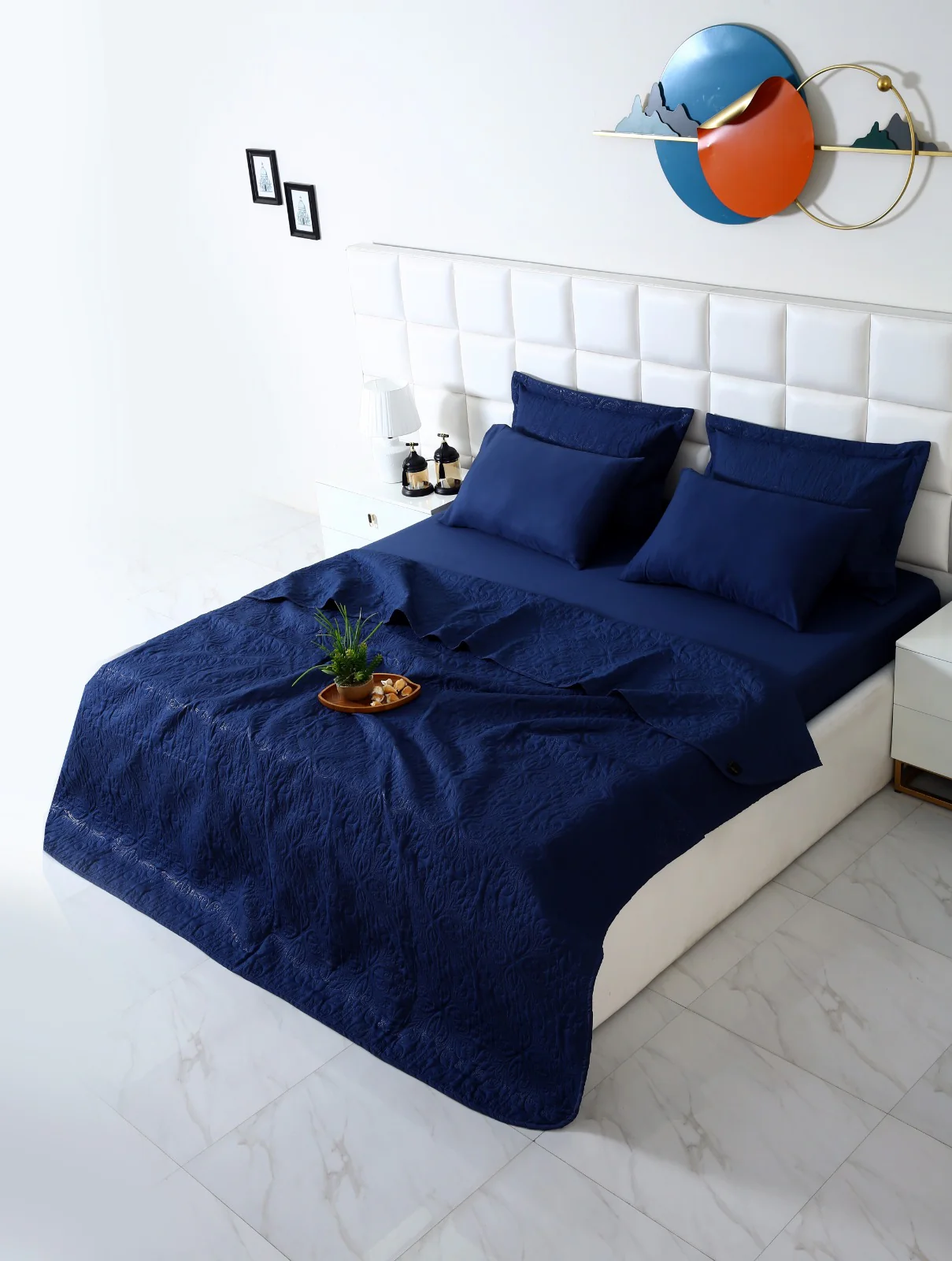 6 PCs Luxury Bed Spread Set-Navy Blue - Image 9