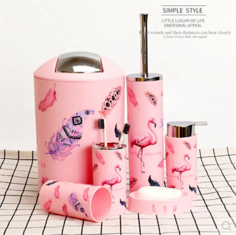 6 Pcs Printed Bathroom Accessory Set-Pink Flowers