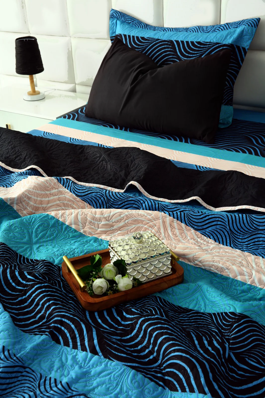 6 PCs Printed Bed Spread Set-Aqua waves - Image 9