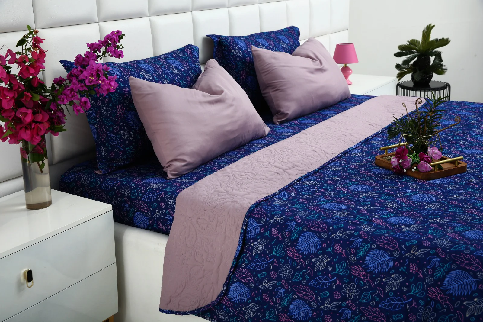 6 PCs Printed Bed Spread Set-Blue Lilly - Image 12