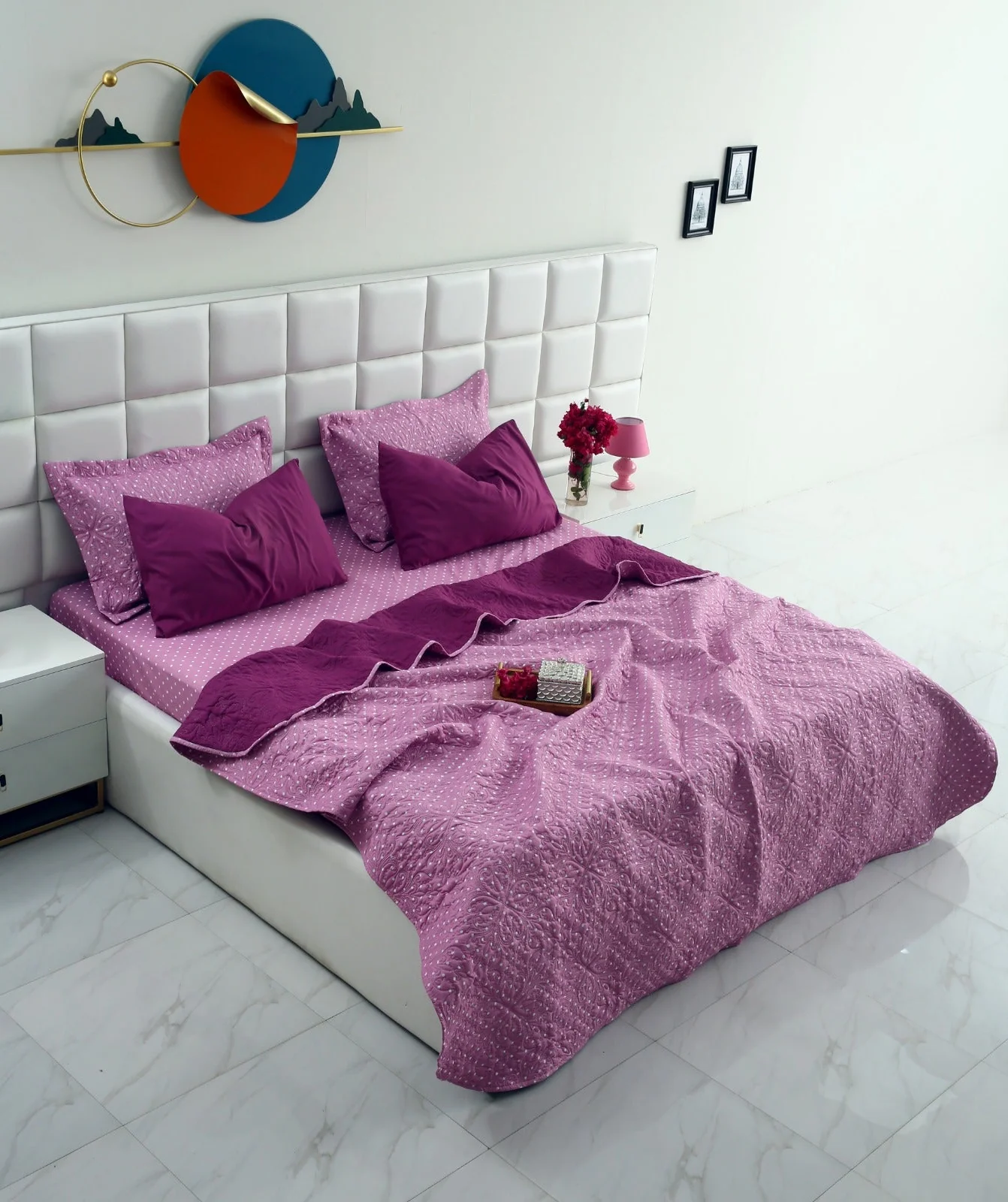 6 PCs Printed Bed Spread Set-Lilac Polka
