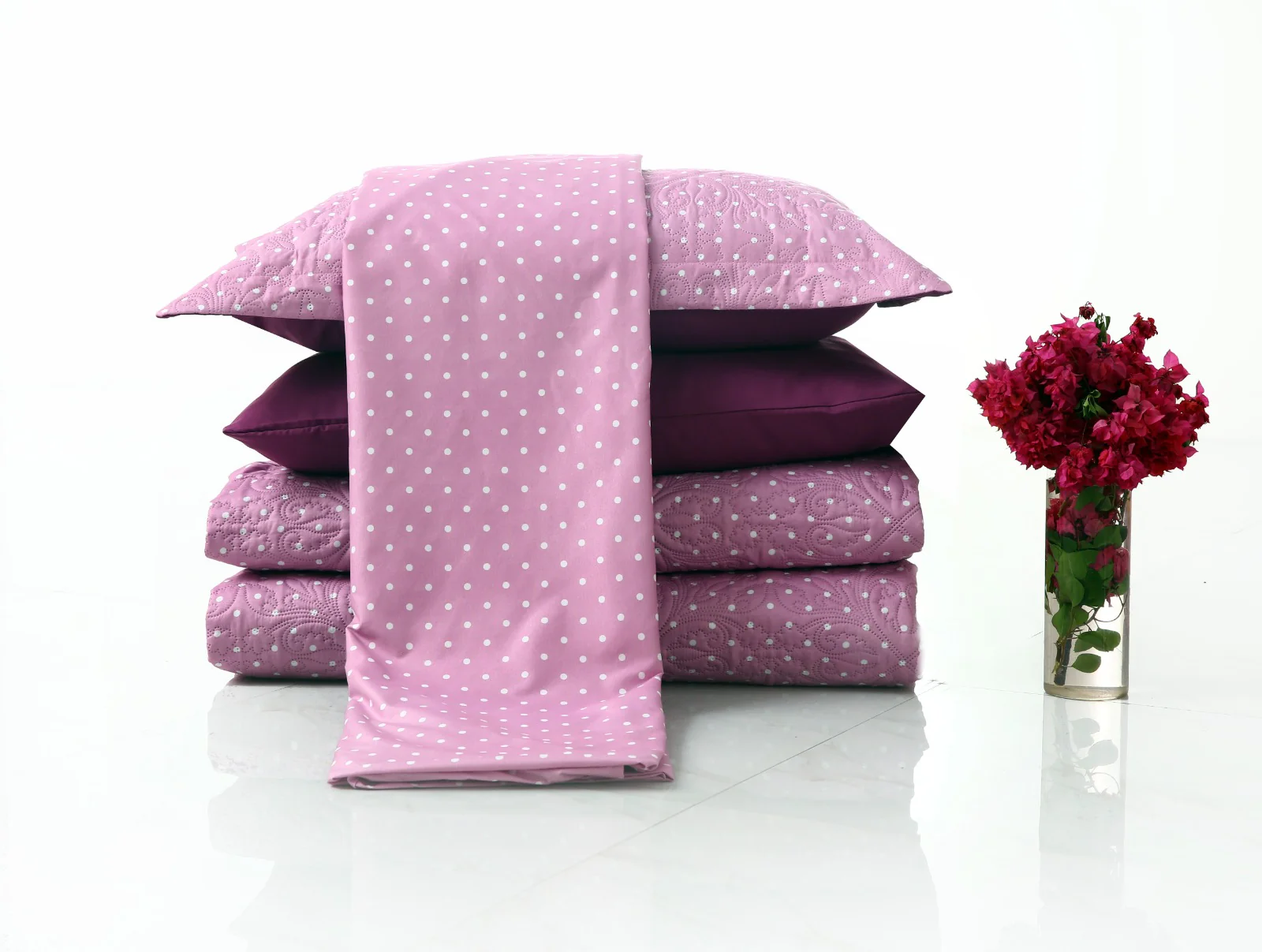 6 PCs Printed Bed Spread Set-Lilac Polka - Image 13