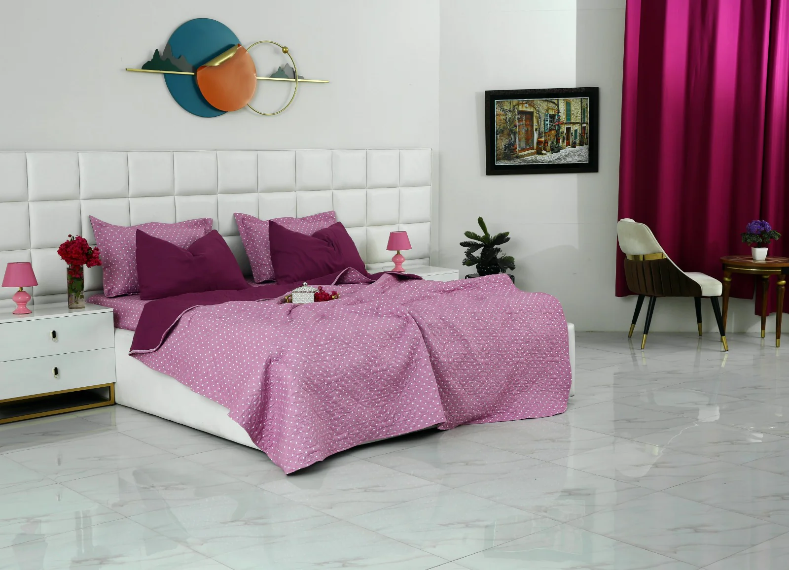 6 PCs Printed Bed Spread Set-Lilac Polka - Image 3