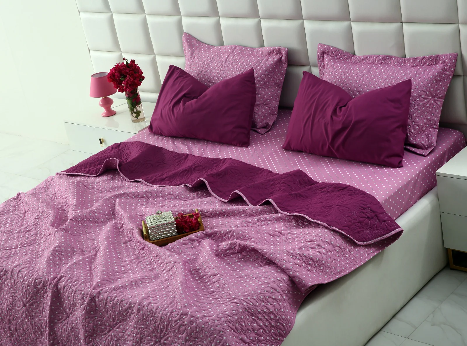 6 PCs Printed Bed Spread Set-Lilac Polka - Image 5