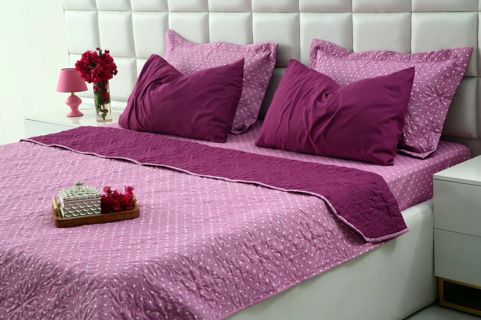 6 PCs Printed Bed Spread Set-Lilac Polka - Image 7