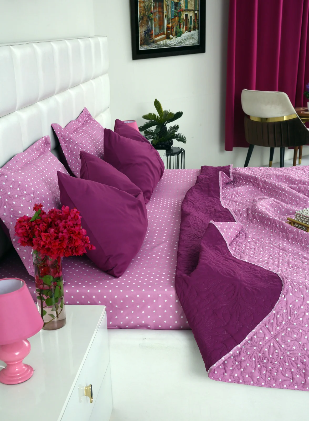 6 PCs Printed Bed Spread Set-Lilac Polka - Image 9