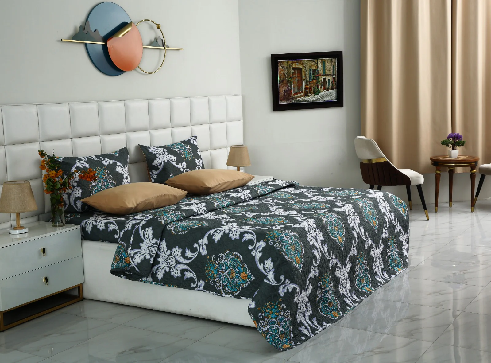 6 PCs Printed Bed Spread Set-Medallion Gold - Image 2