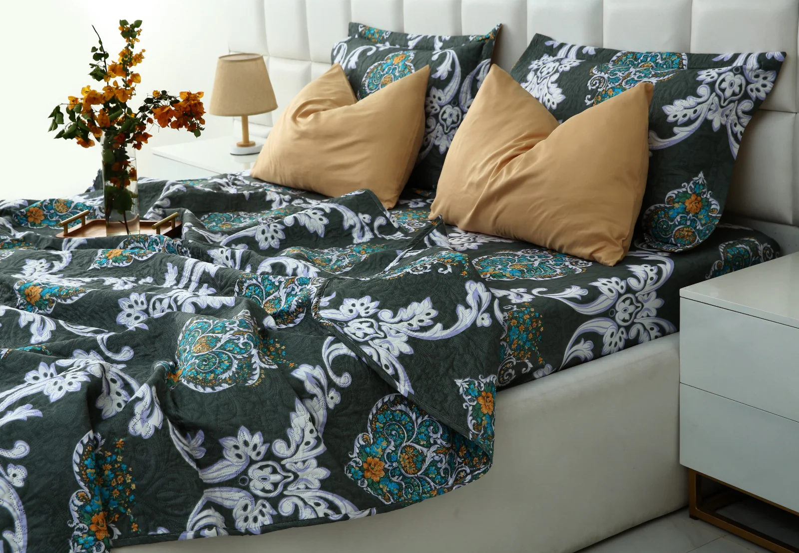 6 PCs Printed Bed Spread Set-Medallion Gold - Image 5