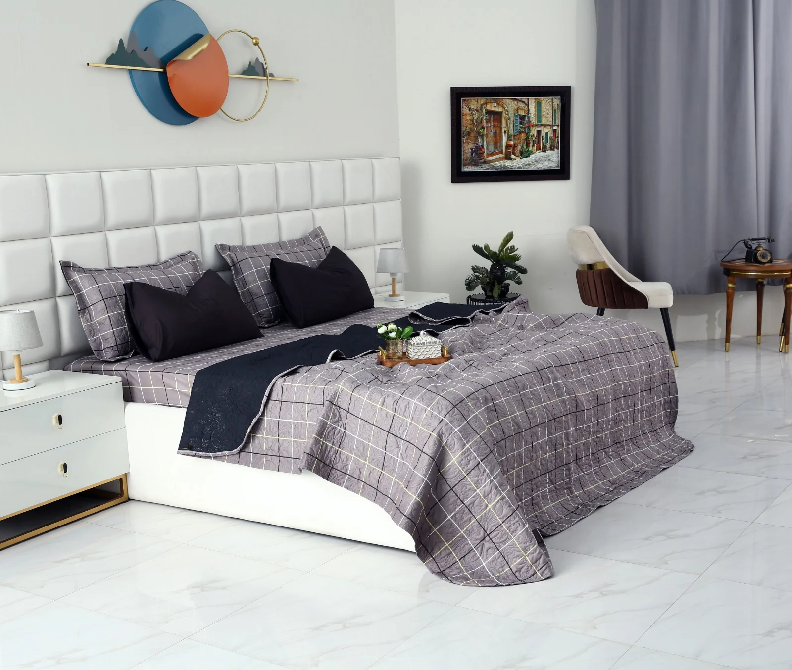 6 PCs Printed Bed Spread Set-Multi Check - Image 2