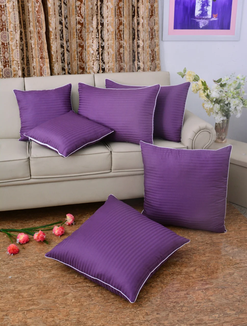 6 PCs Satin Pillows *2 Bed Cushion *2 & Floor Cushion *2 Set-D/Purple - Image 2